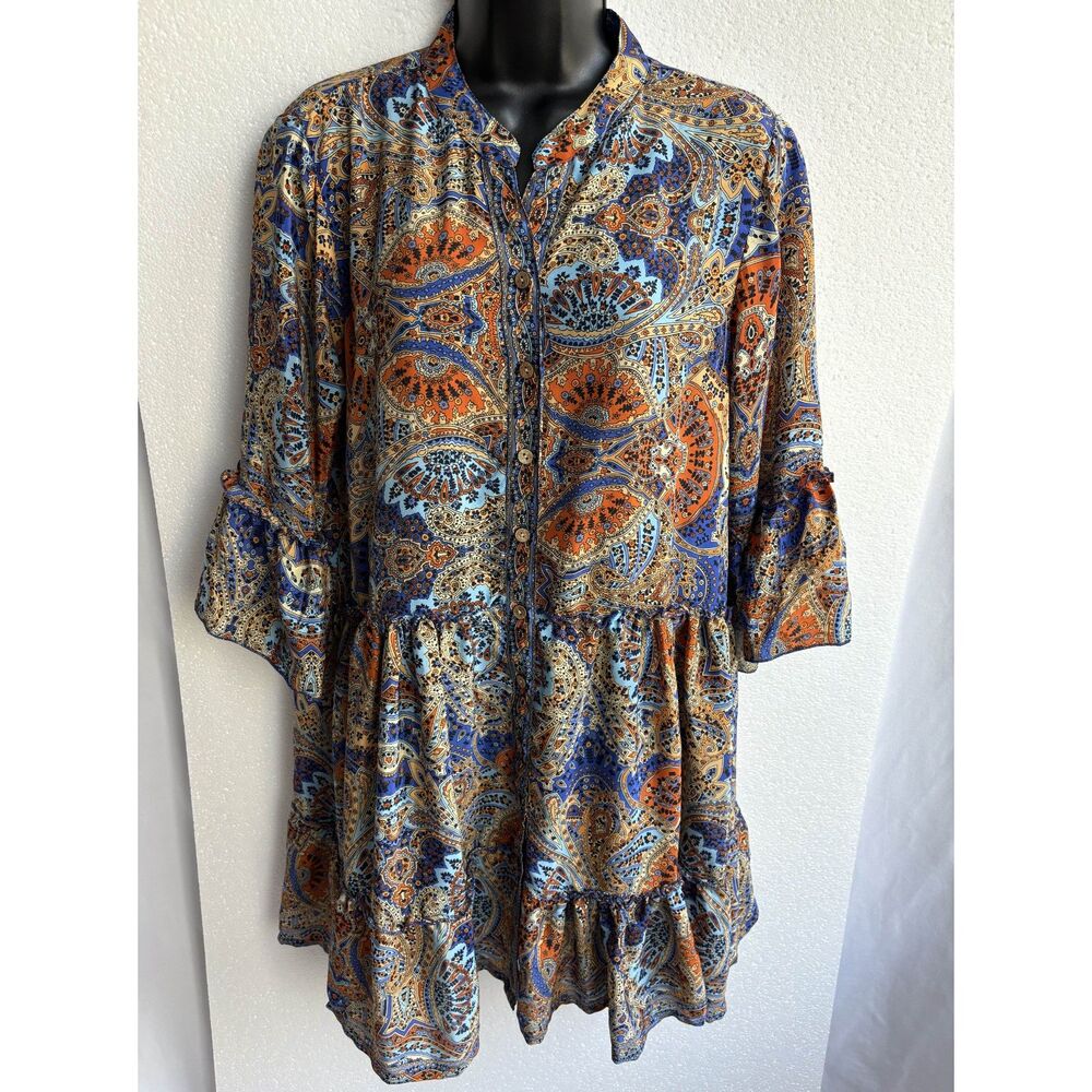 Indian Silk Multicolor Dress Size M Shift Ruffles Romantic Paisley Ethnic Bell